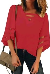 Camicetta donna 2X rossa elegante casual scollo a V - manica a campana 3/4 con pannelli in rete - Foto 1 di 9