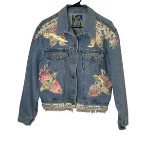 Chaqueta Vaquera Gazoz Años 80 Embellecida Apliques Florales Ribete de Encaje Única De Colección M - Imagen 1 de 11