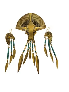 Rare Artist Ron Miyashiro Brass Dangle Earrings Etched Tribal Brooch Pendant - Picture 1 of 13