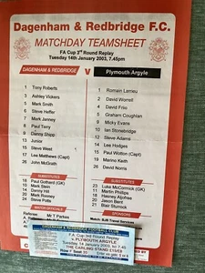 TEAM SHEET & TICKET - Dagenham & Redbridge v Plymouth Argyle (F A Cup) 14/1/2003 - Picture 1 of 2