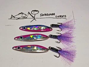 3 - 1/4 OZ  METAL FISHING LURES MINNOW FLUTTER SPOONS Purple Dressed Hooks - Picture 1 of 7