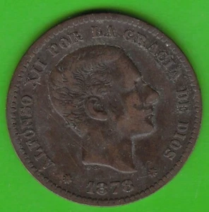 Coin Spain 5 Centimos 1878 VF Minimal Scratches Alfonso XII Leipzig - Picture 1 of 3