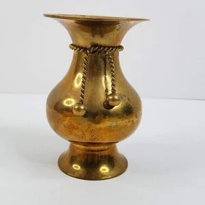 Brass Vase Planter 6" x 3.5" Rope Ball Accents - Picture 1 of 8