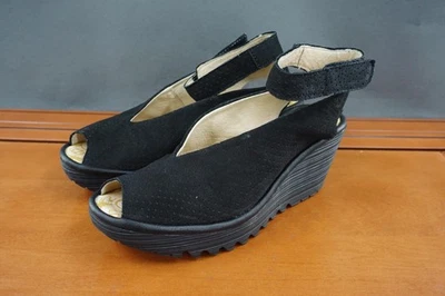 Fly London Zapatos Mujer Talla 37 Negro Cuña Plataforma Sandalias Punta abierta Gamuza Foto 1 de 4