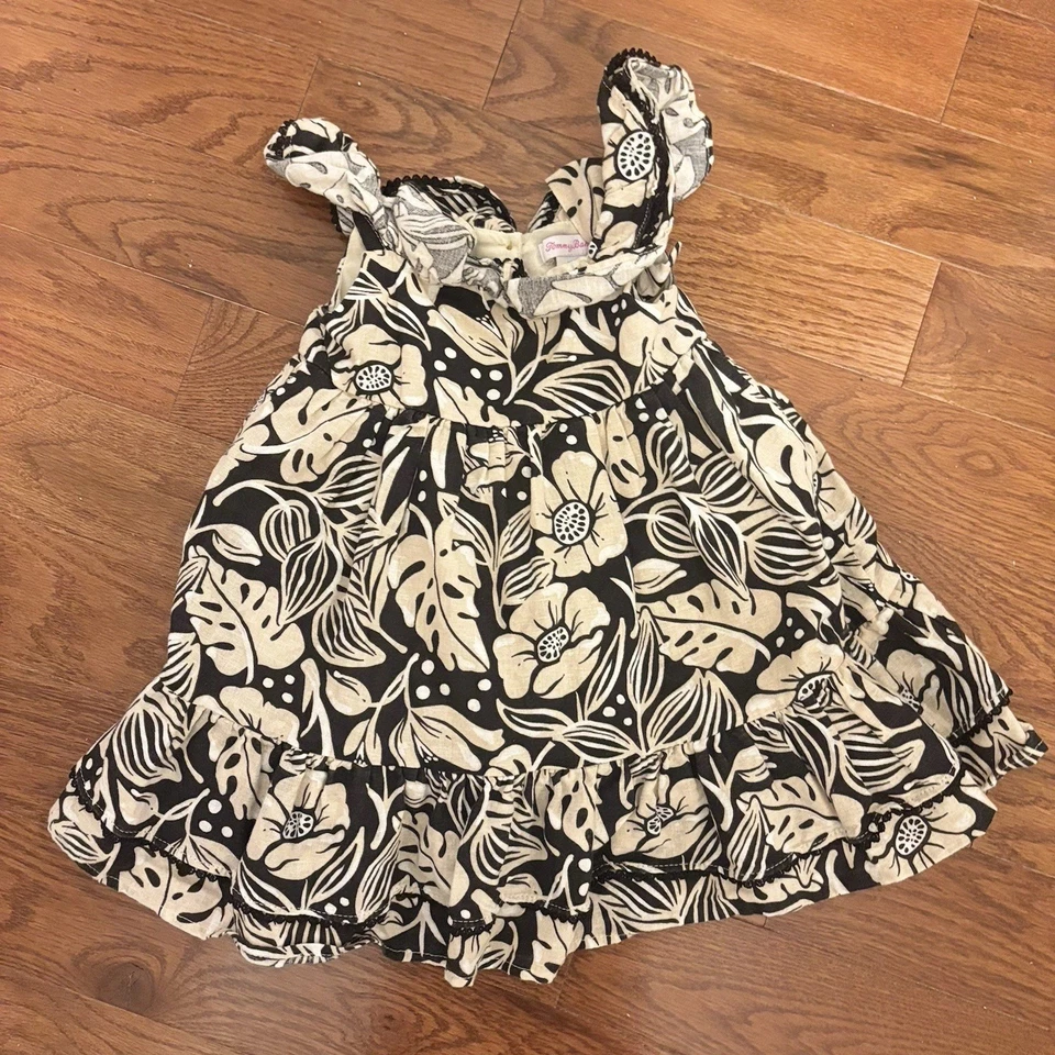 Vestido Tommy Bahama 2T Beige Y Negro Lino Con Clip de Pelo a Juego Lazo Vacaciones Foto 1 de 4