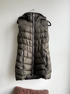 ATHLETA Olive Long Line Removeable Hood Down Filled Puffa Vest Sz S EUC - Picture 1 of 8