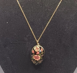 Vintage Cloisonne Floral Pendant necklace W/ Pink Flowers Gold Gilded 18" - Picture 1 of 16