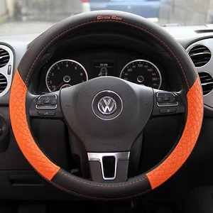 Black & Orange PVC Leather Steering Wheel Cover Slip-on 58013 Sport 14.25"-15" - Picture 1 of 5