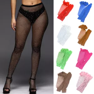 Women Crystal Rhinestone Fishnet Stockings Pantyhose Glitter Tights Waist High - Picture 1 of 31