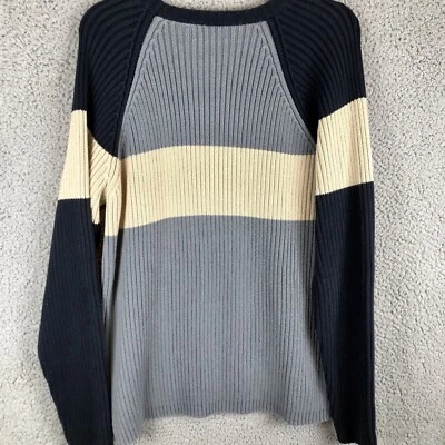 VTG Y2K Structure Mens Ribbed Sweater Large Long Sleeves Blue Cream Pullover 90s - Image 1 of 4
