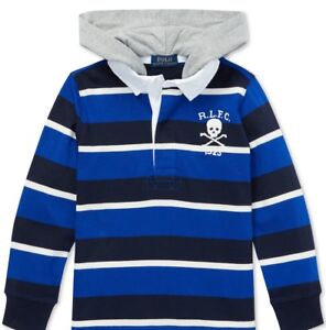 NWT Ralph Lauren Polo Boys Striped Hooded Cotton Rugby Shirt Sizes 2T,5,M,XL