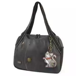 New Chala Zip Tote Shoulder Large Bag Coin Purse BLACK gift TABBY GREY CAT - Picture 1 of 7