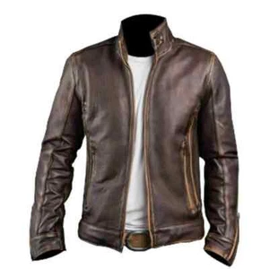 Mens Cafe Racer Stylish Biker Brown Distressed Leather Jacket - Picture 1 of 3