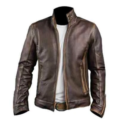 Chaqueta de cuero envejecido marrón de motociclista elegante Café Racer para hombre Foto 1 de 3