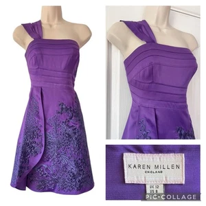 Karen Millen Satin Dress - Size 8 10 - Purple Embroidered Strappy Floral Y2K 00s - Picture 1 of 11