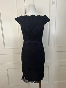 Tadashi Shoji Lace Boat Neck Belted Sheath Dress Womens Size 2 Black Purple - Picture 1 of 9