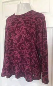 Lands End Womens Stretch Knit Top Long Sleeve Scroll Burgundy Knit XL - Picture 1 of 6