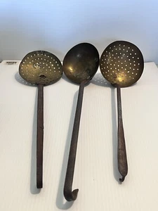 LOT 3 ANTIQUE PRIMITIVE BRASS BOWL IRON LADLE SPOONS - Picture 1 of 11