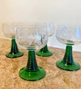 Set 4 German Roemer Green Beehive Stem White Grapes Goblets Wine Glasses 4 1/2” - Picture 1 of 9