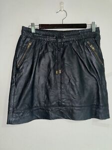 Geniune Black Short Leather Skirt Has Draw String And Gold Zipper Pockets 10-12