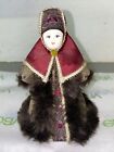 Russian Handmade Porcelain Doll Red Coat 6” Fur Velvet Winter Vtg