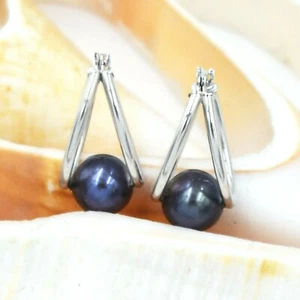 14k White Gold Estate Black Pearl Gemstone Hoops/Hoop Earrings - Picture 1 of 3