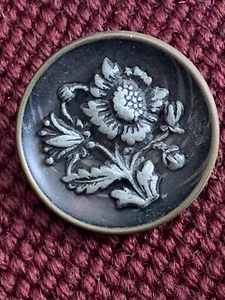 Antique Cupped Brass Button Pewter Inset Flower Detail 1 1/8” - Picture 1 of 6