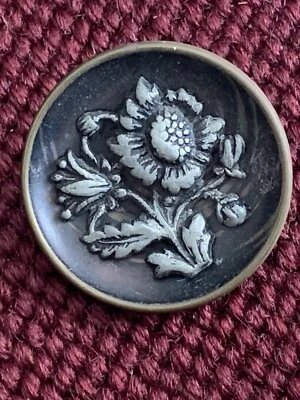 Antique Cupped Brass Button Pewter Inset Flower Detail 1 1/8” - Image 1 of 4