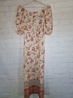 Beige Maxi Dress Size 8 Red Floral Full Length Square Neck Short Sleeve F&F