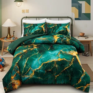 Holawakaka Green Gold Marble Bedding Comforter Set Queen Size Marbled Bed Set... - Picture 1 of 9