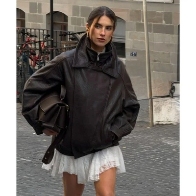 20 世纪 80 年代超大复古真棕色皮革夹克:轰炸机复古 — 第 1/4 张图片