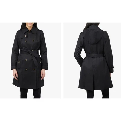 Новый London туман женщин большой двубортный Тренч дождевик пальто твердого черный - Изображение 1 из 4