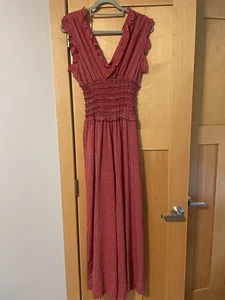 Max Studio Red Smocked Waist Wide Leg Jumpsuit Women’s Size L Sleeveless V-Neck - Picture 1 of 7