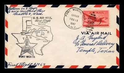 DR JIM STAMPS US COVER FIRST AIR MAIL FLIGHT AM 64 FORT WORTH TEMPLE TEXAS - Image 1 of 2