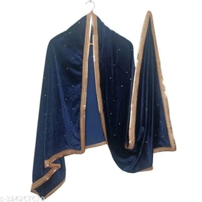 Dupatta azul tradicional indio bordado plateado para mujer niña Foto 1 de 4