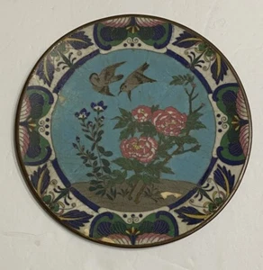 Plato antiguo pequeño chino de flores de pájaro Cloisonne - Imagen 1 de 9