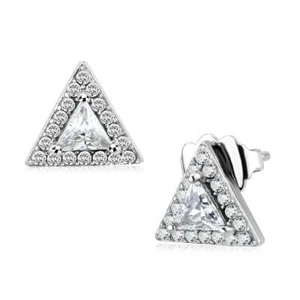High Polish Stainless Steel Trillion Shaped Halo Style CZ Earrings - Picture 1 of 1