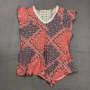One World Live and Let Live Shirt Women 1X Red V Neck Asymmetrical Crochet Boho - Picture 1 of 24