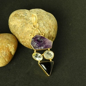 Bulk Jewelry Supplier! Purple Amethyst, Herkimer Diamond And Black Onyx Pendant - Picture 1 of 6