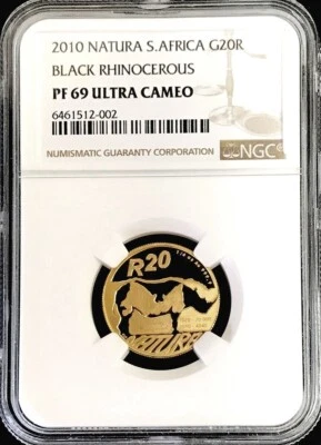 2010 GOLD SOUTH AFRICA 1/4 OZ 20 RAND BLACK RHINO NATURA COIN NGC PROOF 69 UC - Image 1 of 2