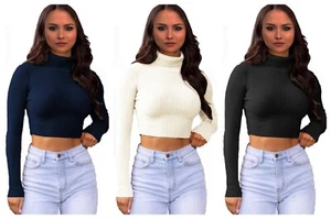 New Ladies Polo Roll Neck Long Sleeve Ribbed Knitted Crop Top UK Size 8-14 - Picture 1 of 4