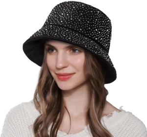 Studded Rhinestone Sparkle Bling Bucket Hat for Women Black Shiny Hip-hop Nig - Picture 1 of 4