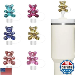 Straw Cover Cap,6PCS Glitter Bear Straw Toppers for Stanley Cup, Compatible W - Picture 1 of 5