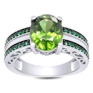 2.34ct Solitaire W/ Accents Ring Simulated Peridot 14K White Gold Plated Silver - Picture 1 of 8