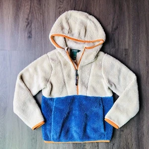 LL Bean HiPile Fleece Half Zip Hoodie Jacket Beige Blue Size 8 Small Orange Trim - Picture 1 of 8