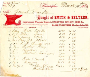 1864 SCHEINKOPF RECHNUNG - SCHMIED & SELTZER - BESCHLAG BESTECK WAFFEN - PHILADELPHIA - Bild 1 von 1