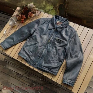 Mens Cowhide Tea Core Leather Jacket Retro Biker Style Distressed Stonewashed - Picture 1 of 13