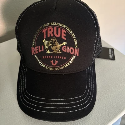 NUEVO CON ETIQUETAS True Religion Buda Malla Ajustable Trucker Sombrero Dorado Rojo Logo Jet Negro $59 Foto 1 de 4