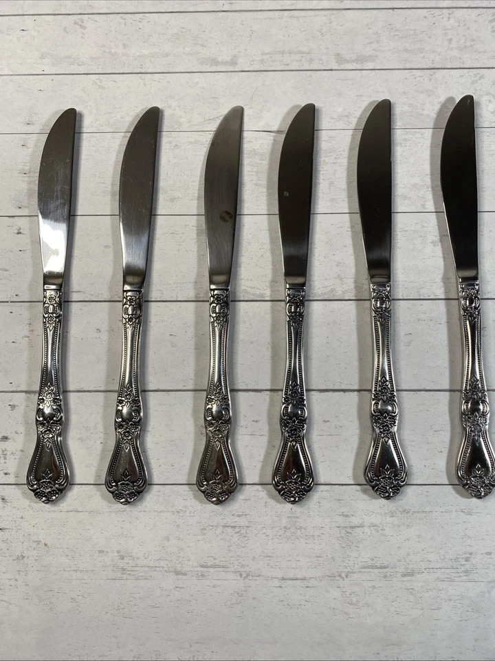 Lote de 6 cuchillos de cena vintage de cubiertos de acero inoxidable Rogers Precious Rose Corea Foto 1 de 4