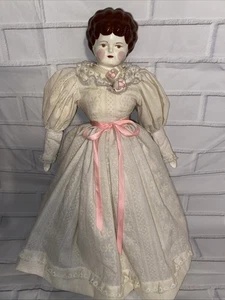 Pretty Antique 19” German Porcelain China Head Doll W/ Brown Hair Cloth Body - Picture 1 of 17